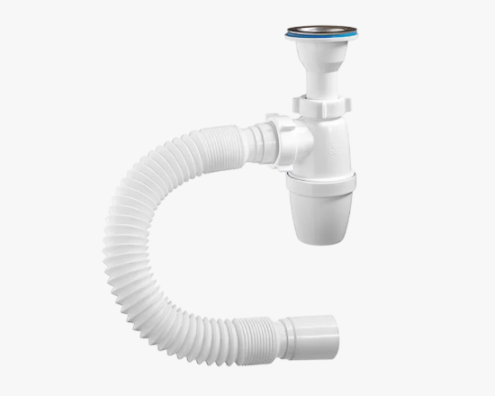 სურათი A-32018 Orio ბოთლის სიფონი პატარა კორპუსით, თუჯის გამოსასვლელით 1 1/2 х 40, მოქნილი მილით 40-40